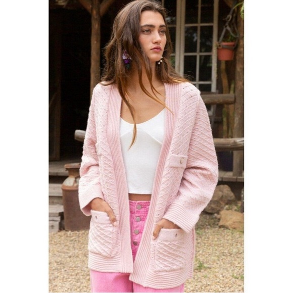 POL Clothing NEW Women's Baby Pink Luxe Open Cardigan Sweater with Buttons Large - Picture 5 of 12